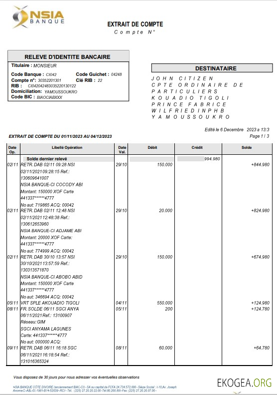 France NSIA Banque modèle Word et PDF de relevé, 4 pages